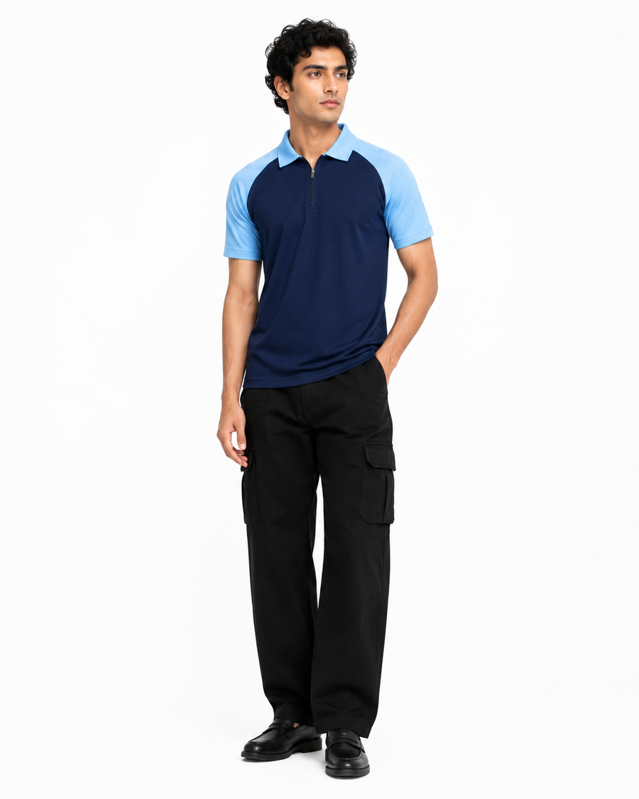 Men’s Navy & Sky Blue Colour-Block Polo T-Shirt