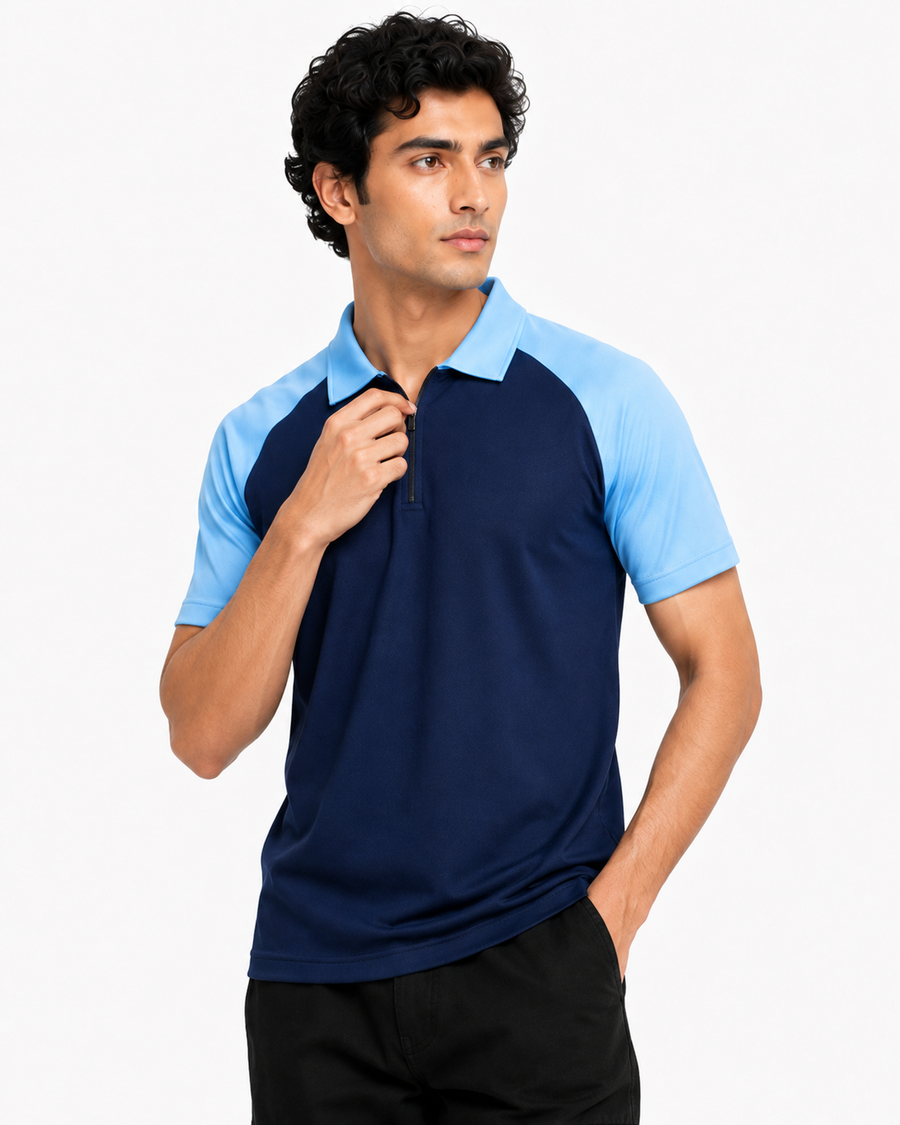 Men’s Navy & Sky Blue Colour-Block Polo T-Shirt