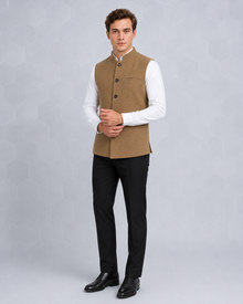 Men's Textured Camel Nehru Jacket | Classic Mandarin Collar Sleeveless Ethnic Waistcoat