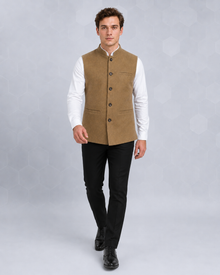 Men's Textured Camel Nehru Jacket | Classic Mandarin Collar Sleeveless Ethnic Waistcoat
