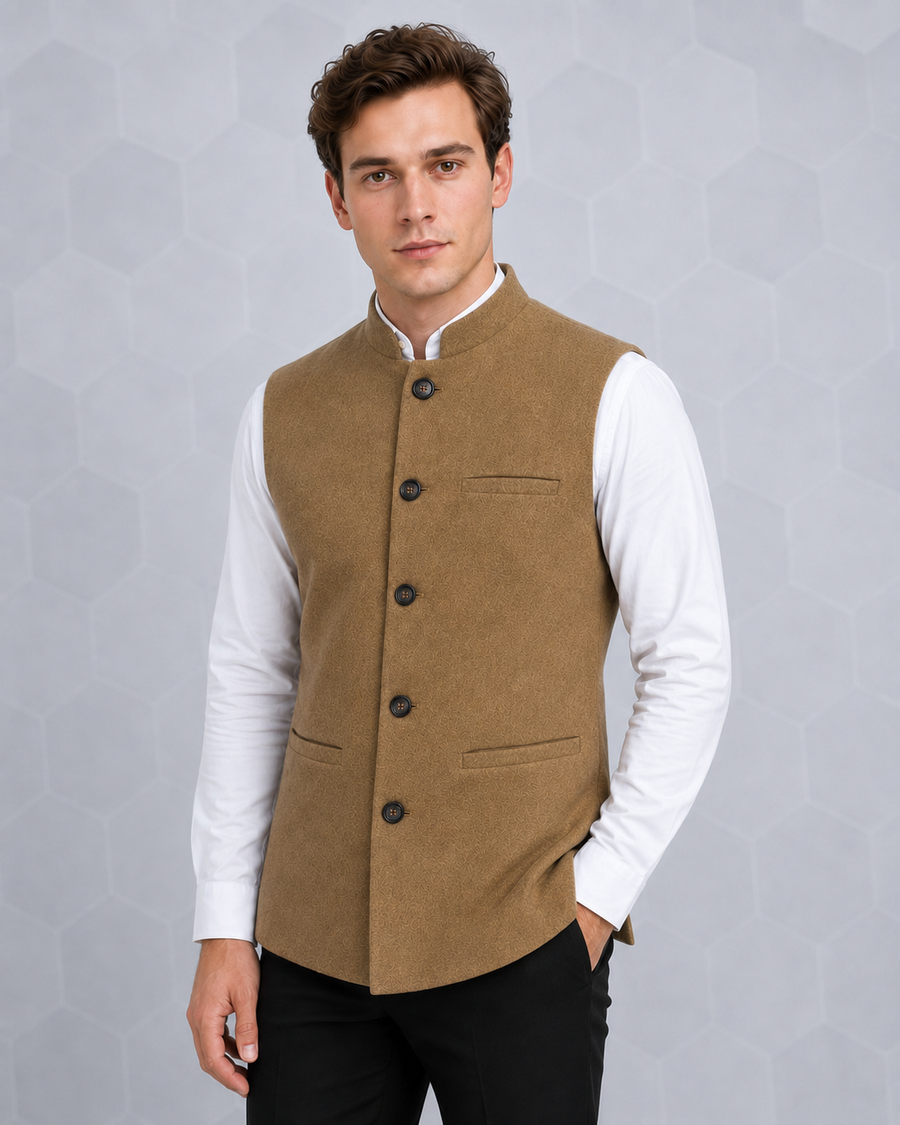 Men's Textured Camel Nehru Jacket | Classic Mandarin Collar Sleeveless Ethnic Waistcoat