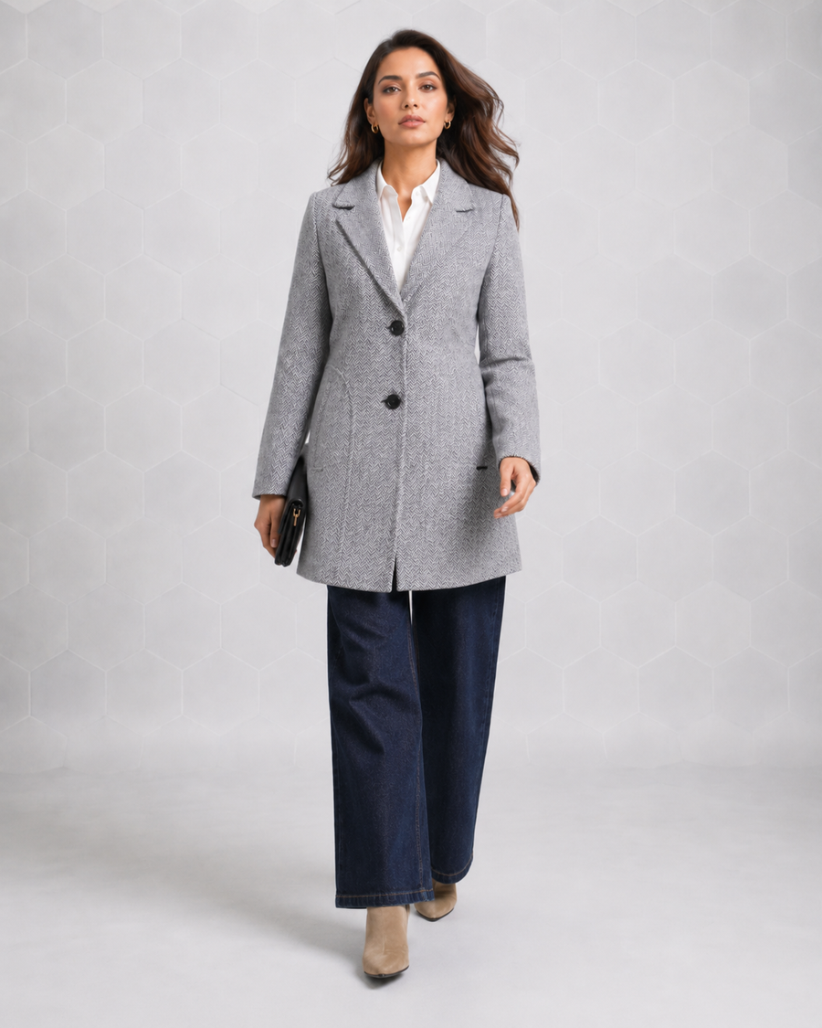 Women’s Grey Herringbone Tailored Winter Coat