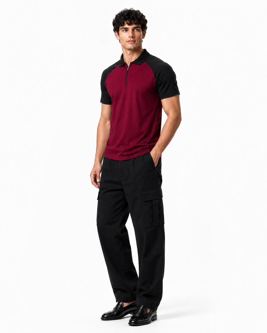Men’s Burgundy & Black Colour-Block Polo T-Shirt