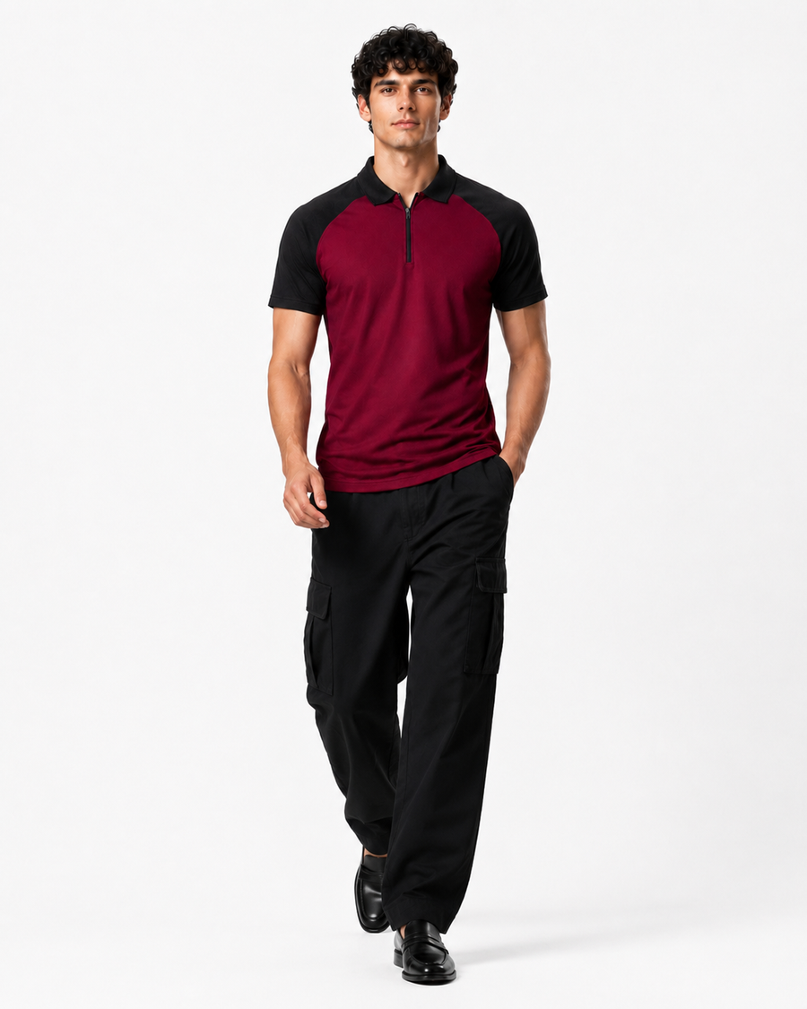 Men’s Burgundy & Black Colour-Block Polo T-Shirt