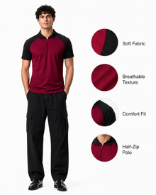 Men’s Color Block Polo T-Shirt - Burgundy Black