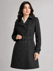 Black double-breasted coat for women - waist belt and front detail
