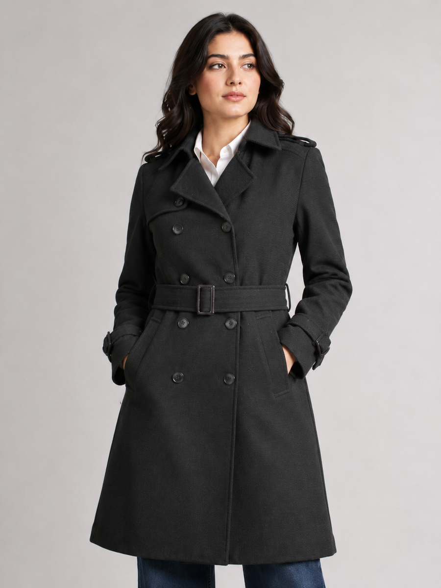 Women’s Black Double-Breasted Belted Coat