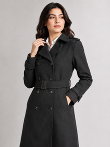 Black belted coat for women - lapel and pocket detail