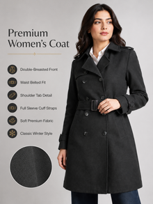 Premium black women's coat features and fabric detail