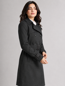 Black double-breasted belted coat for women - three-quarter side view