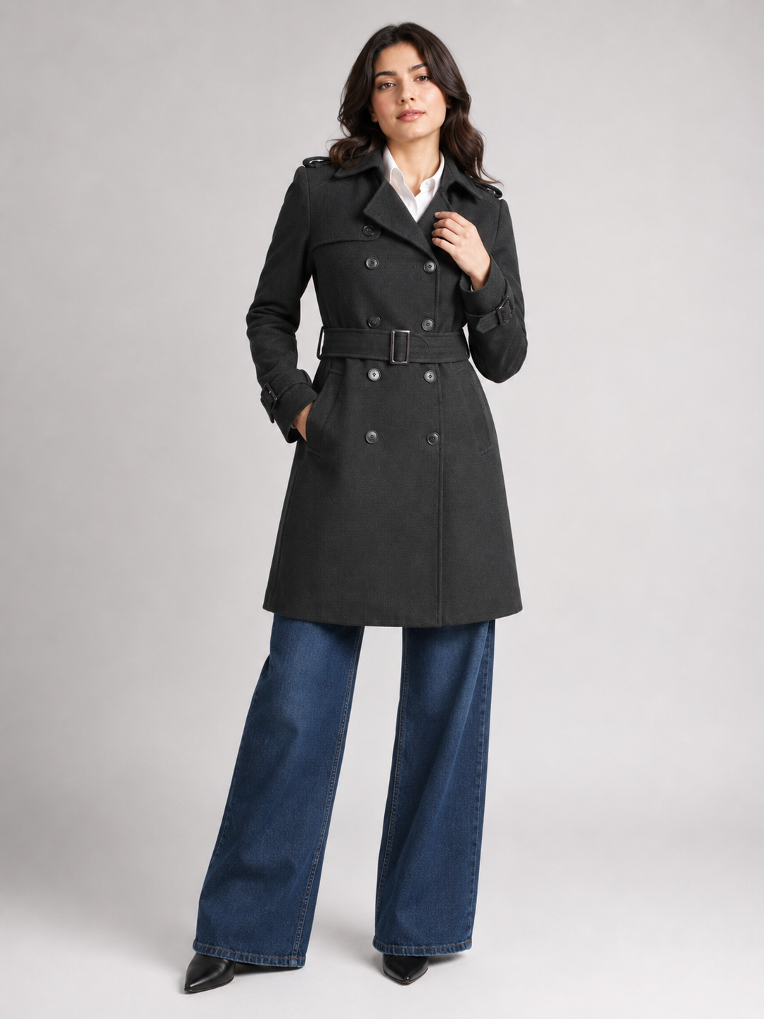 Women’s Black Double-Breasted Belted Coat