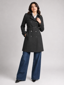 Black double-breasted belted coat for women - full front view