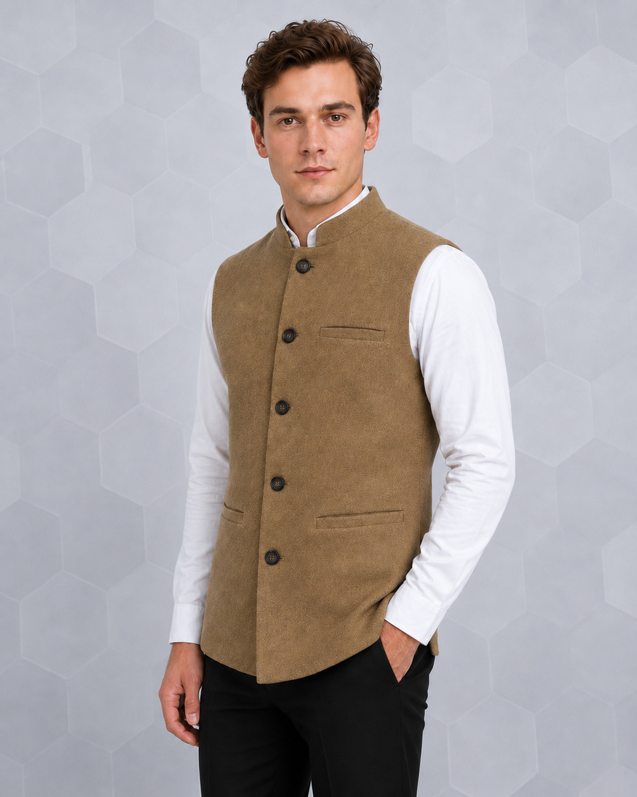 Men’s Tan Textured Nehru Vest