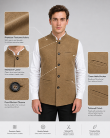 MMASTER tan textured Nehru vest feature detail showcase with fabric collar buttons and pockets