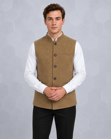 MMASTER tan textured Nehru vest front view with clasped hands