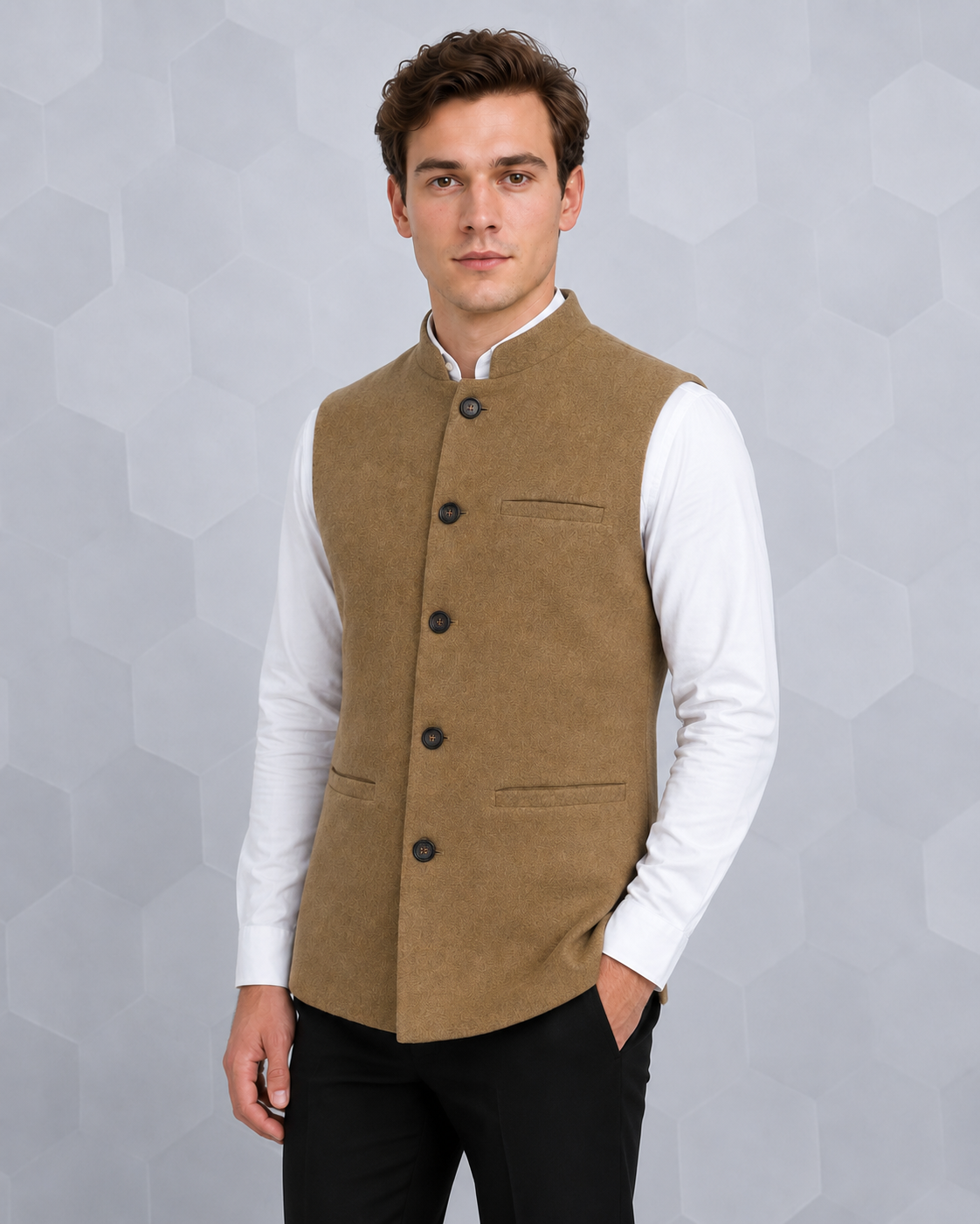 Men’s Tan Textured Nehru Vest