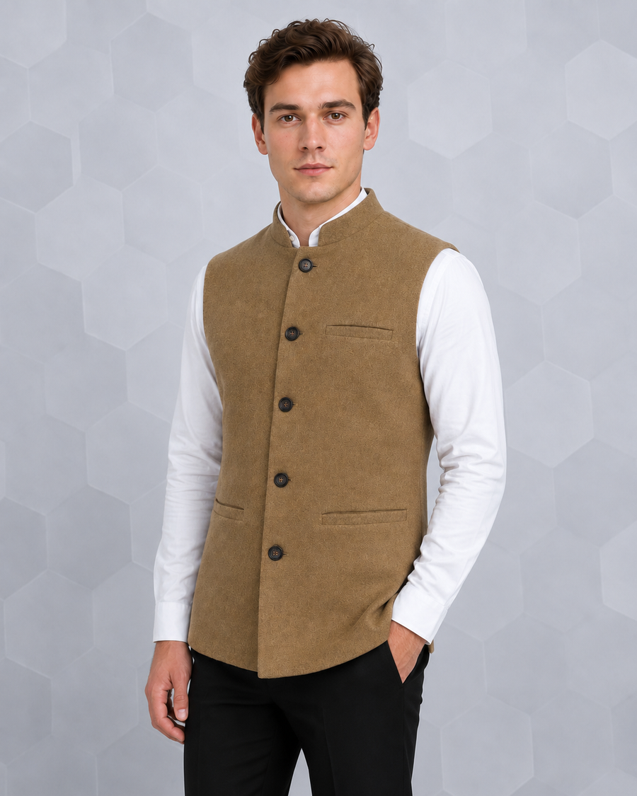 Men’s Tan Textured Nehru Vest
