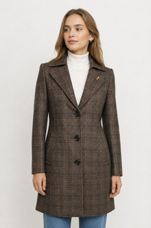 Brown glen plaid tailored women's coat - close front view