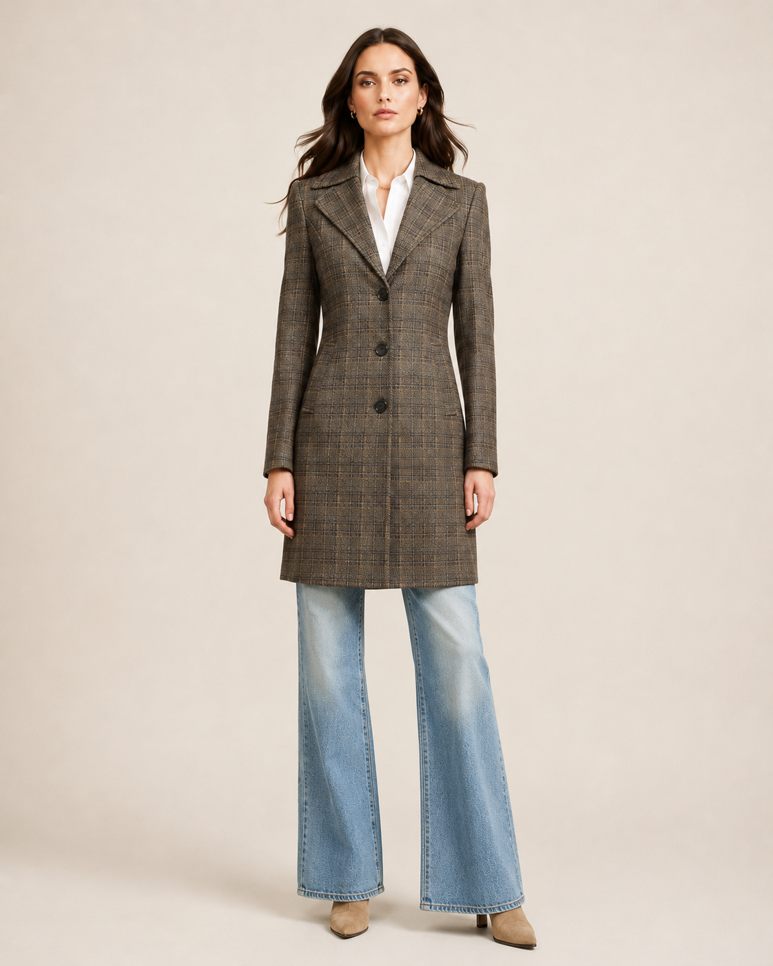 Women’s Brown Glen Plaid Three-Button Tailored Coat