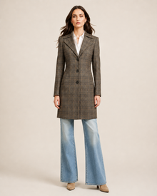 Brown glen plaid tailored women's coat - straight front view