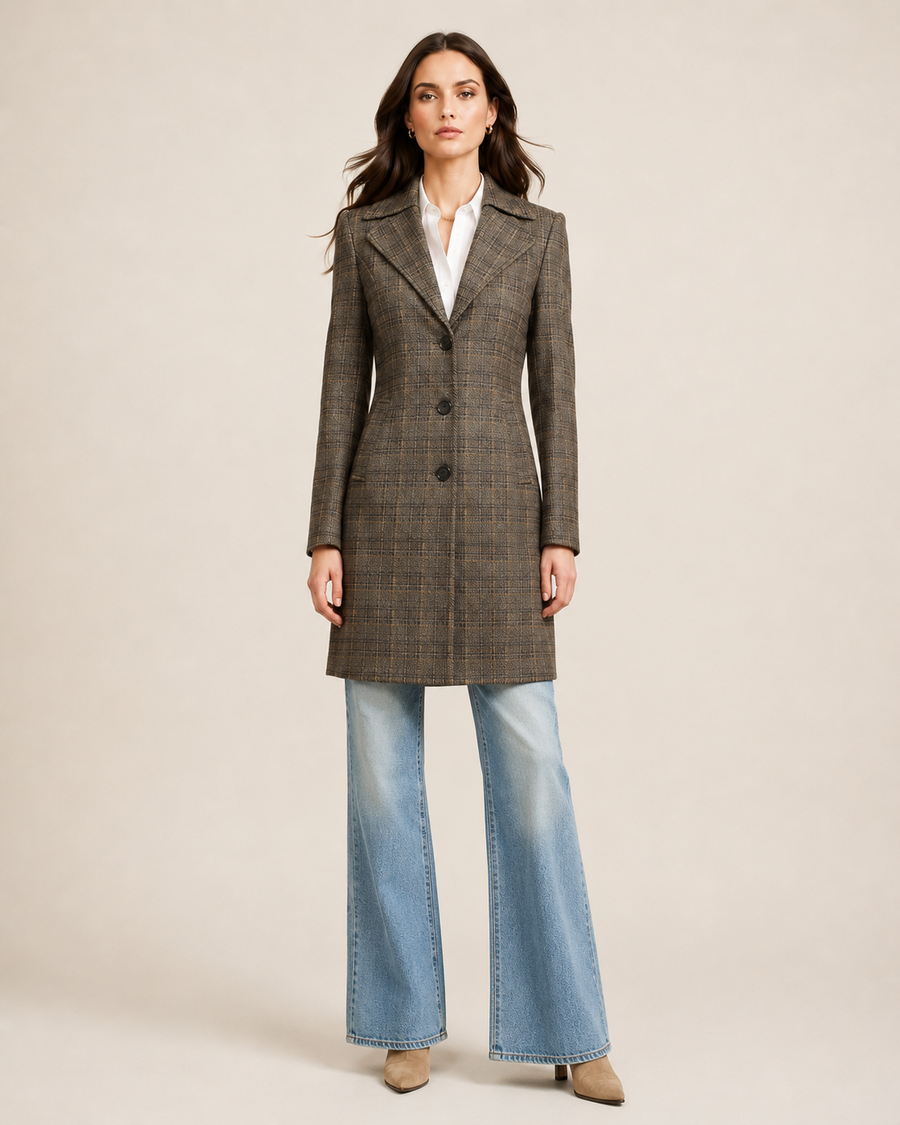 Women’s Brown Glen Plaid Three-Button Tailored Coat