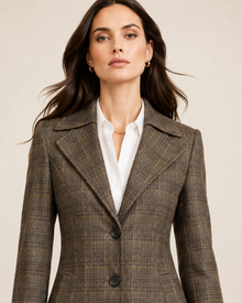 Brown glen plaid tailored women's coat - lapel and button detail