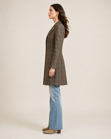Brown glen plaid tailored women's coat - side profile view