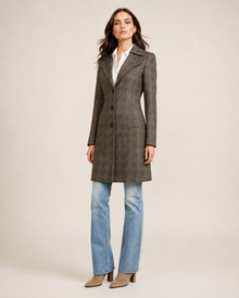 Brown glen plaid tailored women's coat - three quarter view