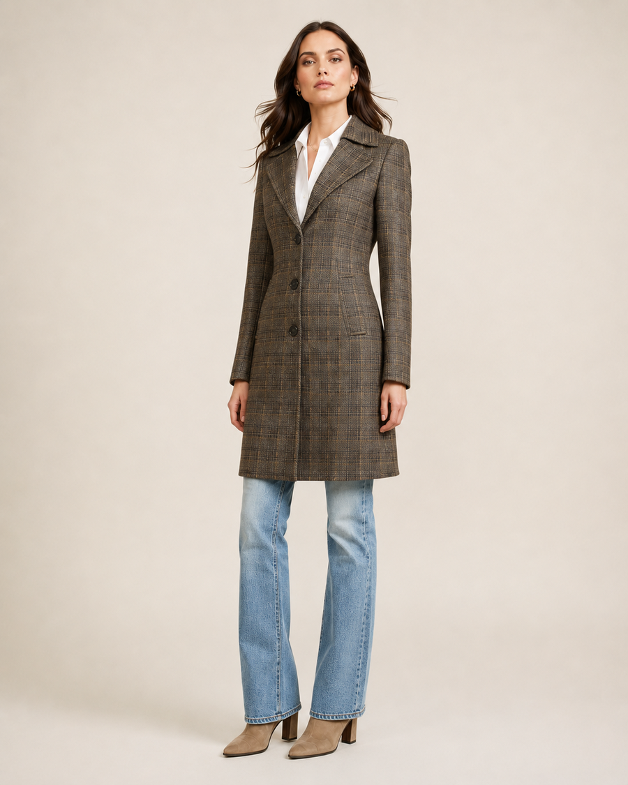 Women’s Brown Glen Plaid Three-Button Tailored Coat