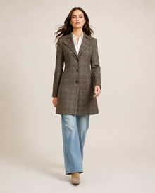 Brown glen plaid tailored women's coat - full length walking front view