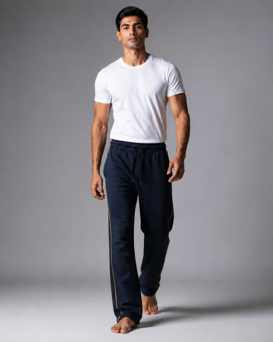 Men’s Navy Blue Track Pants with Gold Side Piping