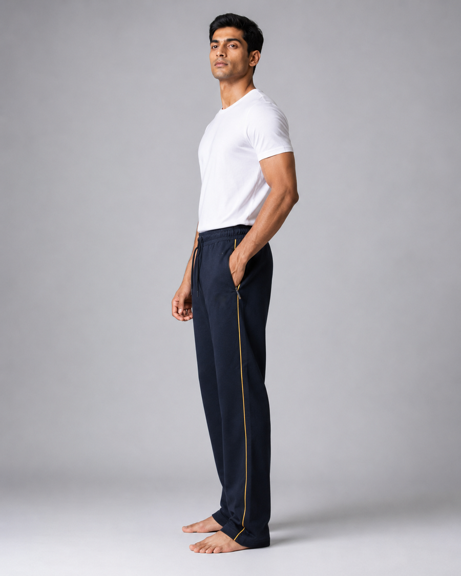 Men’s Navy Blue Track Pants with Gold Side Piping