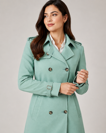 Mint green belted coat for women - close front view
