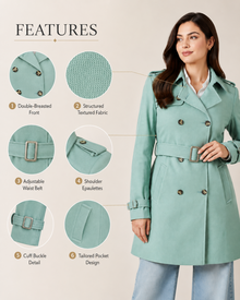 Mint green women's coat features and fabric details