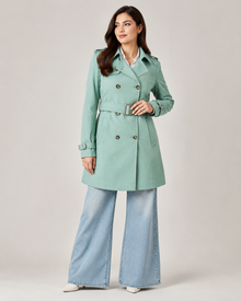 Mint green double-breasted coat for women - full length front view
