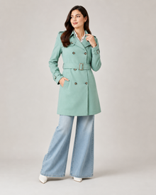 Mint green belted coat for women - full length pose