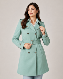 Mint green double-breasted coat for women - lapel and cuff detail