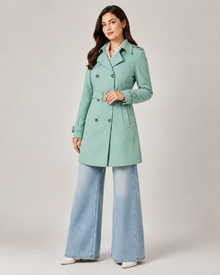 Mint green double-breasted coat for women - straight front view