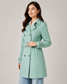 Mint green belted coat for women - three quarter view