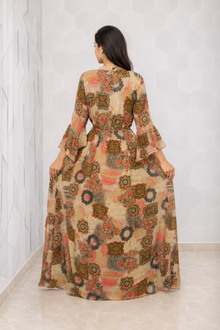 MMASTER women's beige multicolour printed maxi dress flared back view