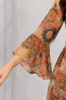 Bell sleeve detail of MMASTER beige multicolour printed maxi dress