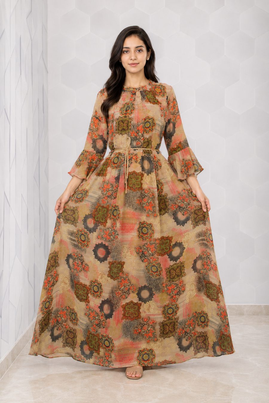 Women's Beige Multicolour Printed Maxi Dress