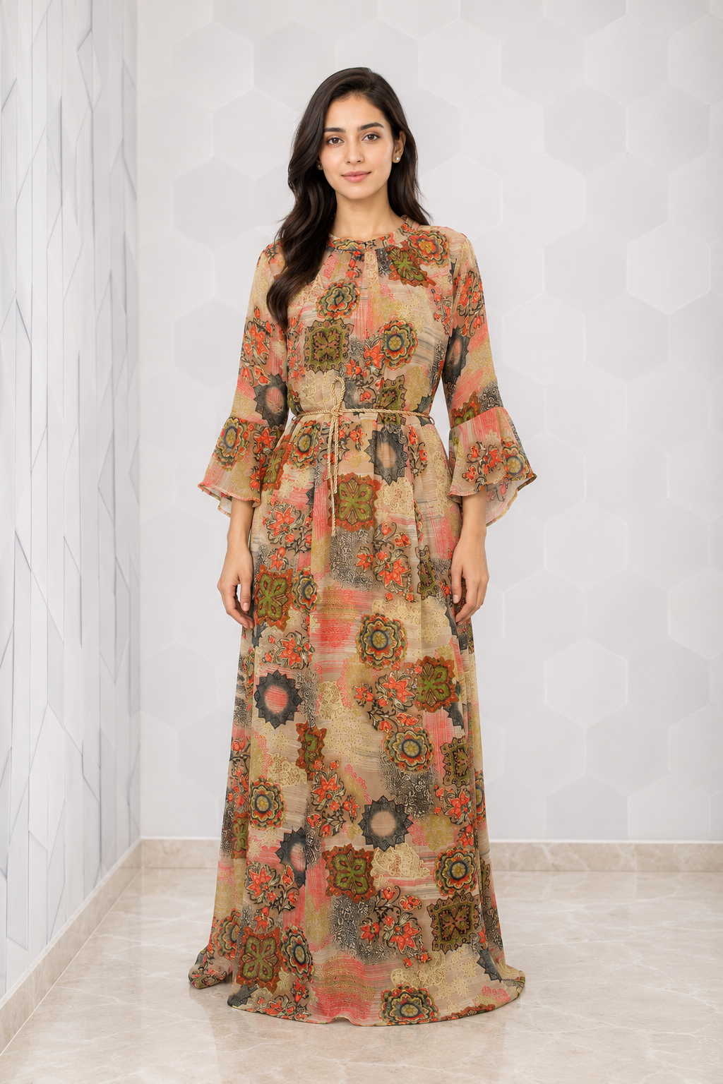 Women's Beige Multicolour Printed Maxi Dress