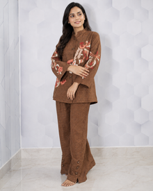 Mmaster women's brown floral embroidered co-ord set styled front pose