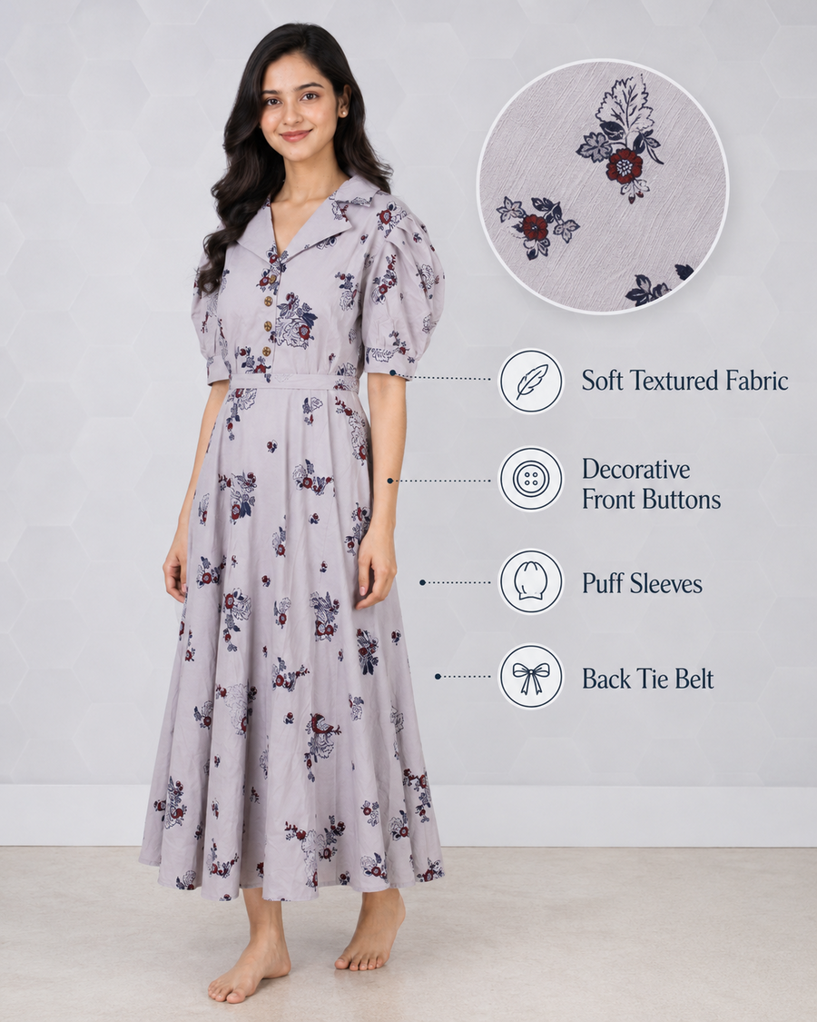 Women’s Floral Puff-Sleeve Belted Maxi Dress