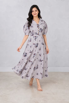 MMASTER floral puff sleeve maxi dress front flow view