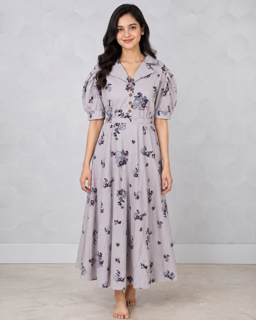 Women’s Floral Puff-Sleeve Belted Maxi Dress
