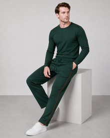 MMASTER men's forest green track pants seated view