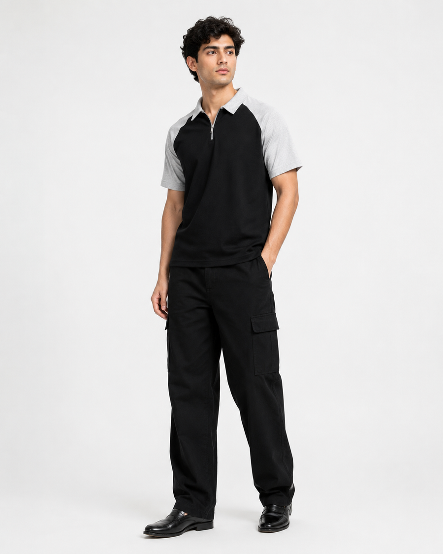 Men’s Black & Grey Colour-Block Polo T-Shirt