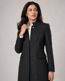 Women's charcoal black winter coat stand collar and decorative gold button detail